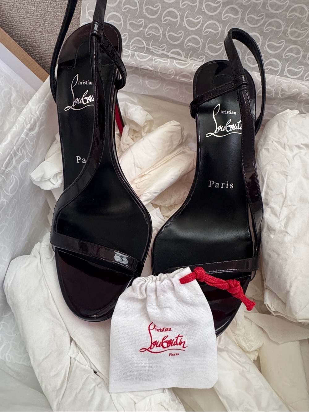 Christian Louboutin Black Patent Asymmetric Strap Slingbacks - Picture 4 of 8